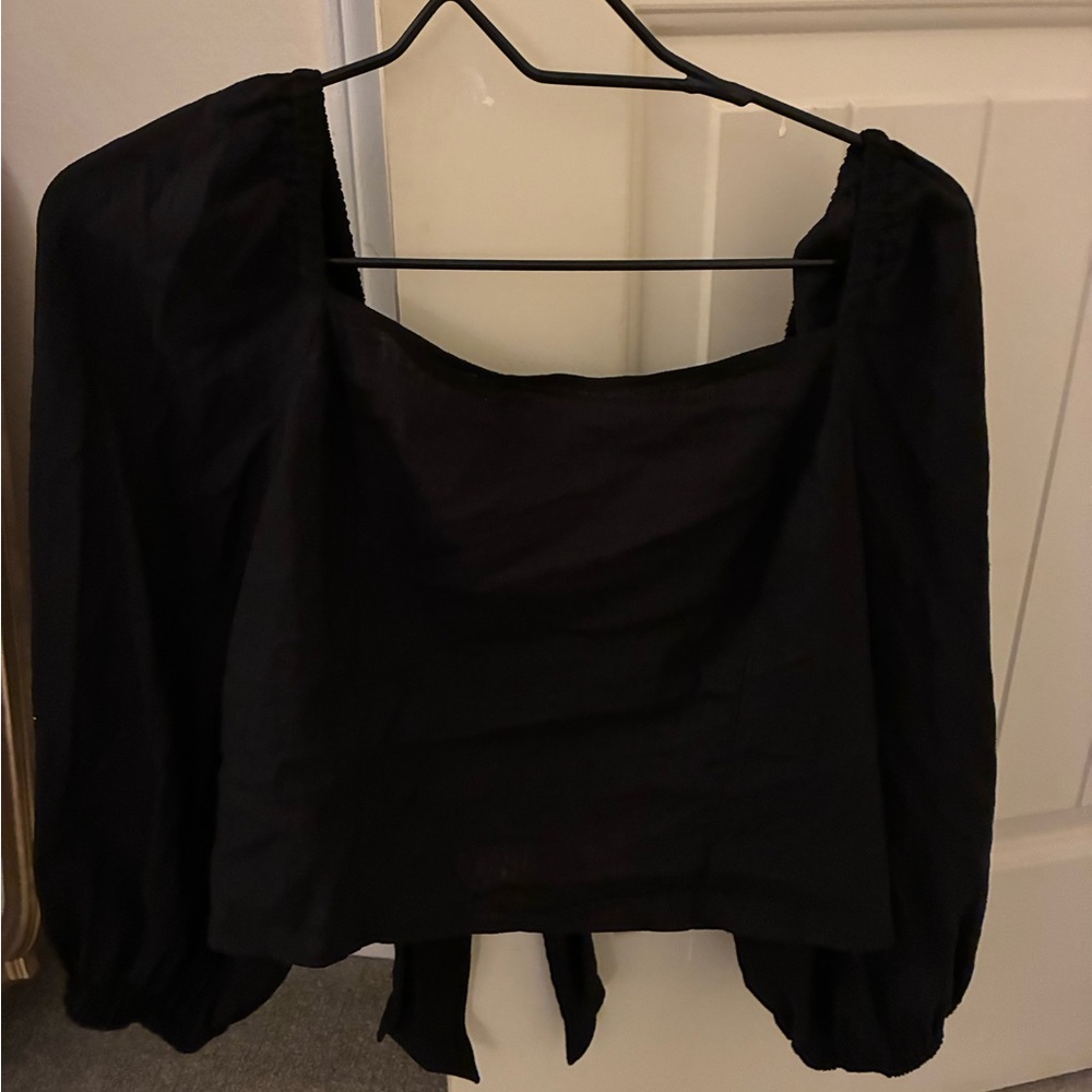 Black tie back long sleeve linen crop top from express